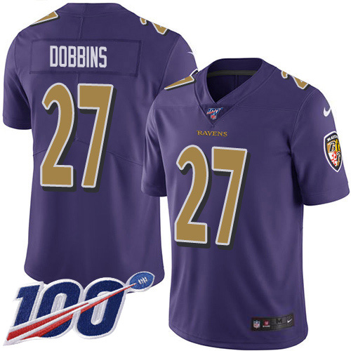 Nike Ravens #27 J.K. Dobbins Purple Youth Stitched NFL Limited Rush 100th Season Jersey