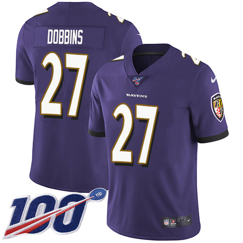 Nike Ravens #27 J.K. Dobbins Purple Team Color Youth Stitched NFL 100th Season Vapor Untouchable Limited Jersey