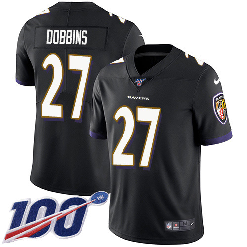 Nike Ravens #27 J.K. Dobbins Black Alternate Youth Stitched NFL 100th Season Vapor Untouchable Limited Jersey
