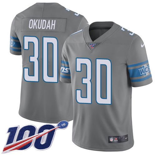 Nike Lions #30 Jeff Okudah Gray Youth Stitched NFL Limited Rush 100th Season Jersey