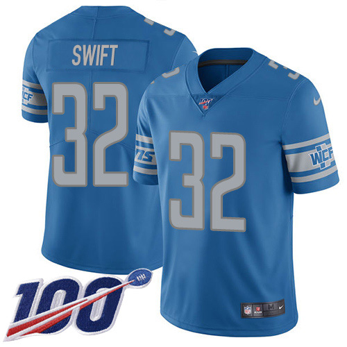Nike Lions #32 D'Andre Swift Blue Team Color Youth Stitched NFL 100th Season Vapor Untouchable Limited Jersey