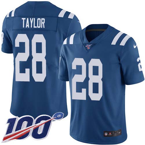 Nike Colts #28 Jonathan Taylor Royal Blue Team Color Youth Stitched NFL 100th Season Vapor Untouchable Limited Jersey