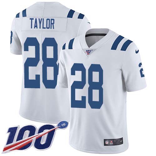 Nike Colts #28 Jonathan Taylor White Youth Stitched NFL 100th Season Vapor Untouchable Limited Jersey