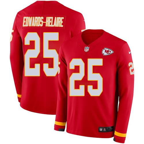 Nike Chiefs #25 Clyde Edwards-Helaire Red Team Color Youth Stitched NFL Limited Therma Long Sleeve Jersey