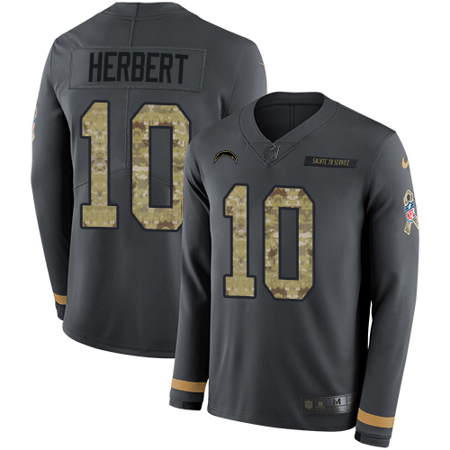 Nike Chargers #10 Justin Herbert Anthracite Salute to Service Youth Stitched NFL Limited Therma Long Sleeve Jersey