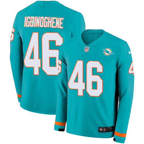 Nike Dolphins #46 Noah Igbinoghene Aqua Green Team Color Youth Stitched NFL Limited Therma Long Sleeve Jersey