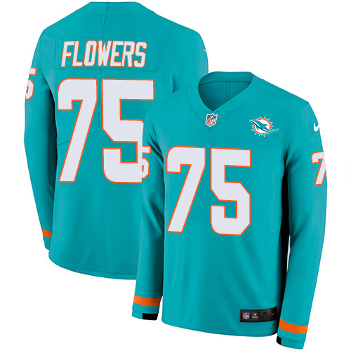 Nike Dolphins #75 Ereck Flowers Aqua Green Team Color Youth Stitched NFL Limited Therma Long Sleeve Jersey