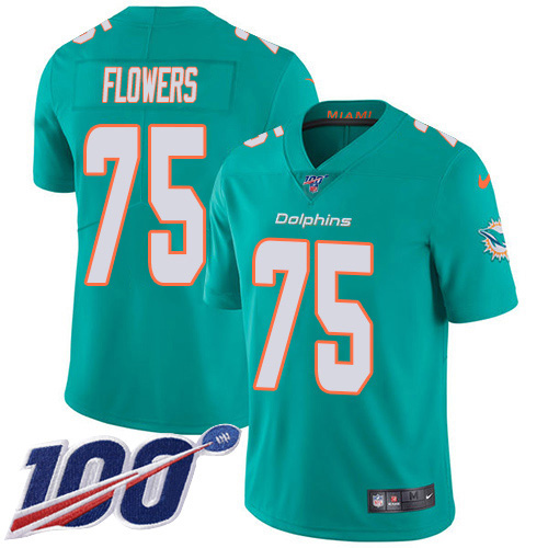 Nike Dolphins #75 Ereck Flowers Aqua Green Team Color Youth Stitched NFL 100th Season Vapor Untouchable Limited Jersey