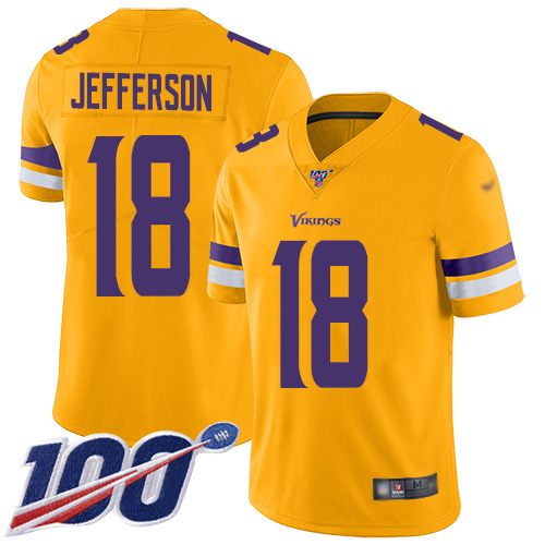 Nike Vikings #18 Justin Jefferson Gold Youth Stitched NFL Limited Inverted Legend 100th Season Jersey