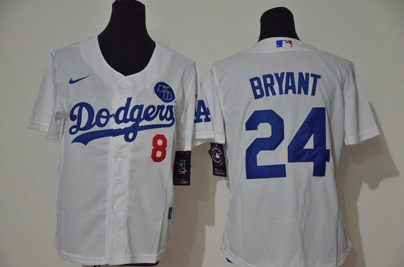 Los Angeles Dodgers #8 #24 Kobe Bryant Youth Nike White Cool Base 2020 KB Patch MLB Jersey