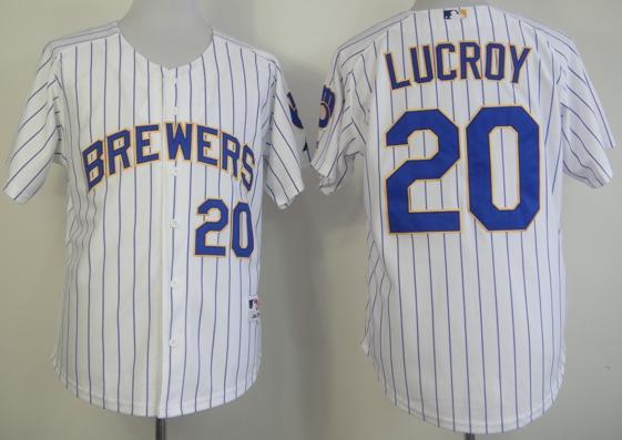 Cheap Milwaukee Brewers 20 Lucroy White Blue Strip MLB Baseball Jerseys For Sale
