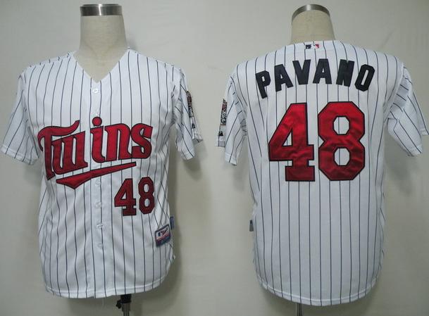 Cheap Minnesota Twins 48 Pavano White(Blue Strip)Cool Base MLB Jersey For Sale