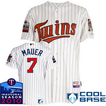 Cheap Minnesota Twins Authentic 7 Joe Mauer white Cool Base w2010 Inaugural Season Patch For Sale