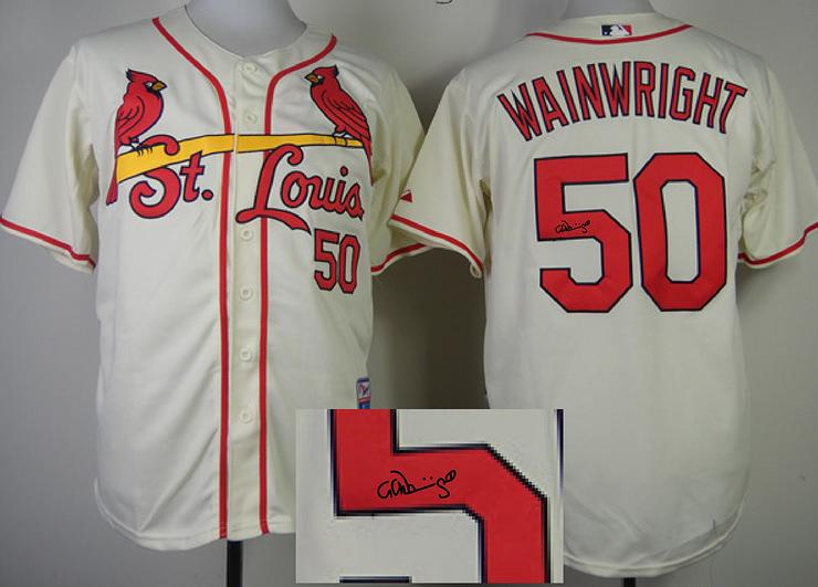 Cheap St. Louis Cardinals 50 Adam Wainwright Cream Sined MLB Baseball Jersey For Sale