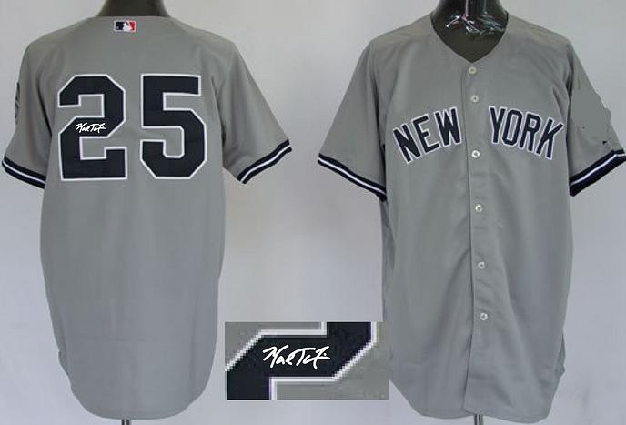 Cheap New York Yankees 25 Mark Teixeira Grey Sined MLB Baseball Jersey For Sale