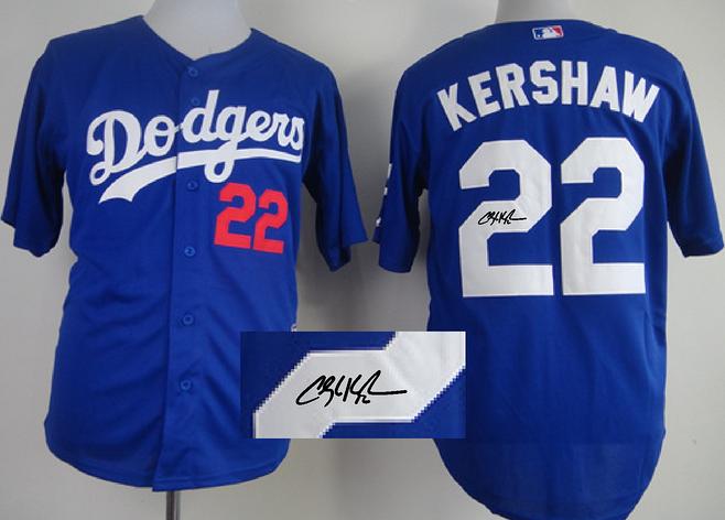 Cheap Los Angeles Dodgers 22 Clayton Kershaw Blue Sined MLB Baseball Jersey For Sale