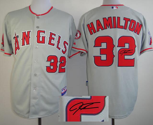 Cheap Los Angeles Angels 32 Josh Hamilton Grey Sined MLB Baseball Jersey For Sale