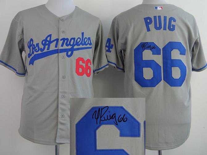 Cheap Los Angeles Dodgers 66 Yasiel Puig Grey Sined MLB Baseball Jersey For Sale
