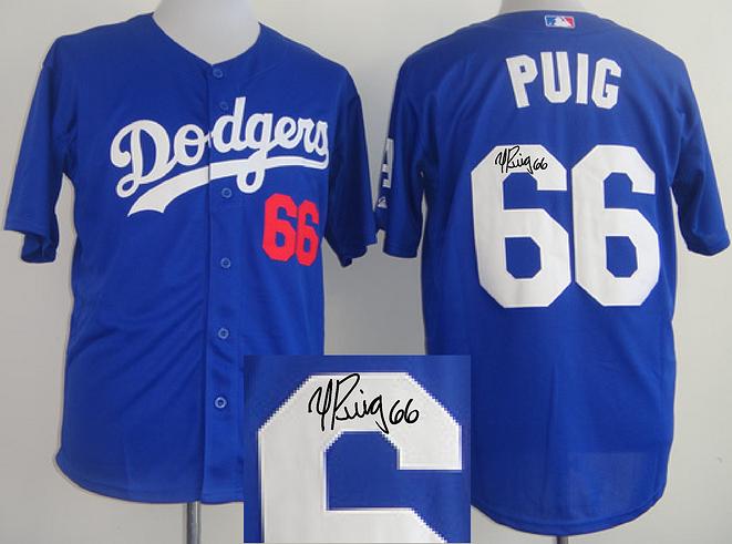 Cheap Los Angeles Dodgers 66 Yasiel Puig Blue Sined MLB Baseball Jersey For Sale