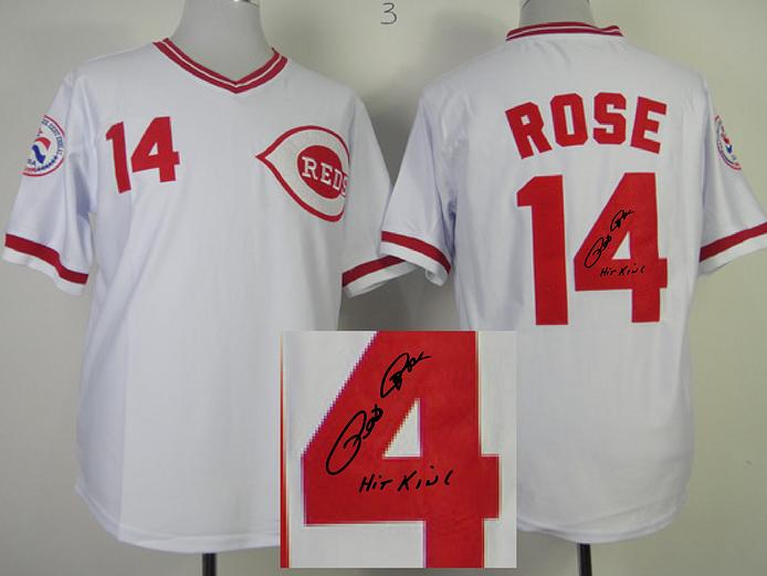 Cheap Cincinnati Reds 14 Pete Rose White Sined MLB Baseball Jersey For Sale