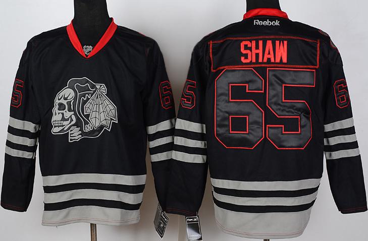 Cheap Chicago Blackhawks 65 Andrew Shaw 2013 Black Ice NHL Jerseys Skull Logo Fashion For Sale