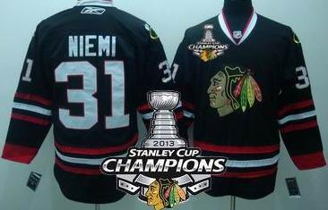 Cheap chicago blackhawks 31 Antti Niemi Black 2013 Stanley Cup Champions Patch NHL Jerseys For Sale