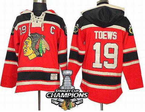 Cheap Chicago Blackhawks 19 Jonathan Toews Red 2013 Stanley Cup Champions Patch NHL Jerseys Hoody For Sale
