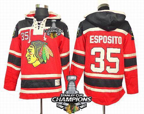 Cheap Chicago Blackhawks 35 Tony Esposito Red 2013 Stanley Cup Champions Patch NHL Jerseys Hoody For Sale