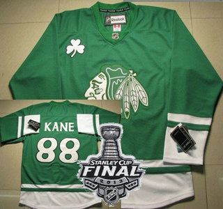 Cheap Chicago Blackhawks 88 Kane St.Patricks Day Green NHL Jerseys With 2013 Stanley Cup Patch For Sale