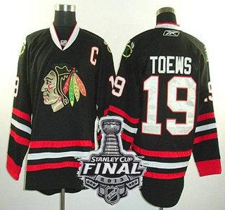 Cheap Chicago Blackhawks 19 Toews Black NHL Jerseys With 2013 Stanley Cup Patch For Sale