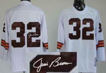 Cheap Cleveland Browns 32 Jim Brown White Long Sleeve Throwback M&N Signed NFL Jerseys For Sale