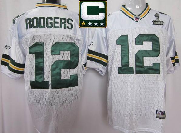 Cheap Green Bay Packers 12 Rodgers 2011 Super Bowl XLV and C Patch White Jersey For Sale