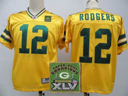 Cheap Green Bay Packers 12 Aaron Rodgers Yellow 2011 SuperBowl Champions Patch Jerseys For Sale