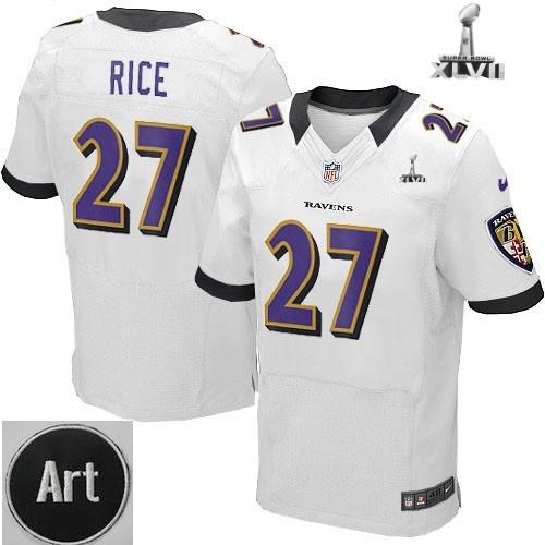 Nike Baltimore Ravens 27 Ray Rice Elite White 2013 Super Bowl NFL Jersey Art Patch Cheap
