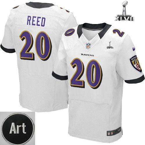 Nike Baltimore Ravens 20 Ed Reed Elite White 2013 Super Bowl NFL Jersey Art Patch Cheap