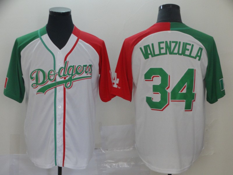 Dodgers #34 Fernando Valenzuela White Red/Green Split Cool Base Stitched Baseball Jersey
