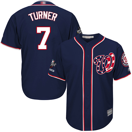 Nationals #7 Trea Turner Navy Blue New Cool Base 2019 World Series Champions Stitched MLB Jersey