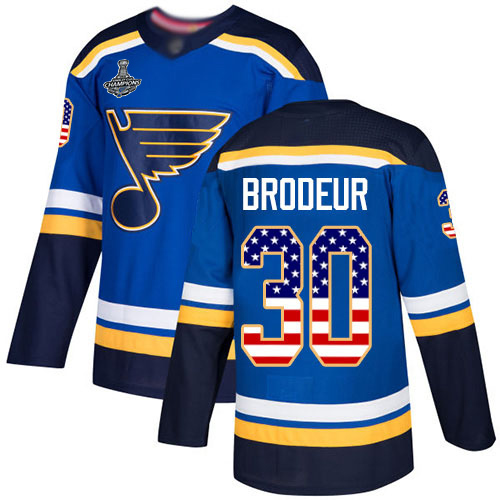 Blues #30 Martin Brodeur Blue Home Authentic USA Flag Stanley Cup Champions Stitched Hockey Jersey