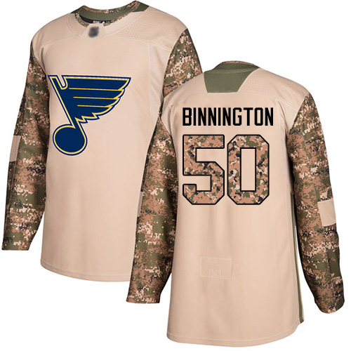Blues #50 Jordan Binnington Camo Authentic 2017 Veterans Day Stitched Hockey Jersey