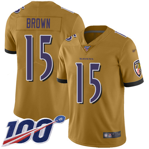Ravens #15 Marquise Brown Gold Men's Stitched Football Limited Inverted Legend 100th Season Jersey