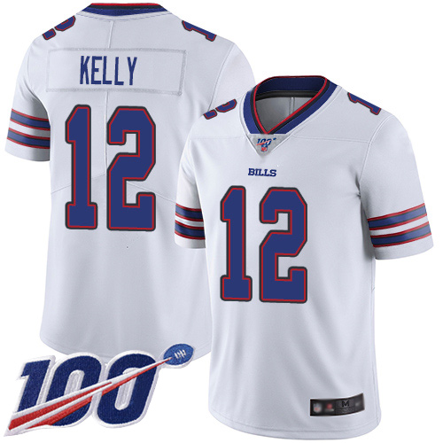 Bills #12 Jim Kelly White Men's Stitched Football 100th Season Vapor Limited Jersey