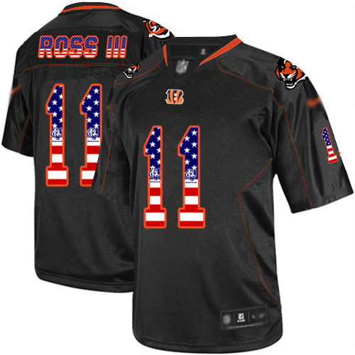 Bengals #11 John Ross III Black Men's Stitched Football Elite USA Flag Fashion Jersey