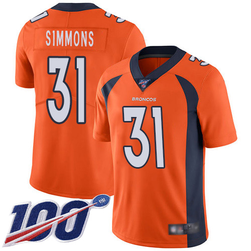 Broncos #31 Justin Simmons Orange Men's Stitched Football 100th Season Vapor Limited Jersey
