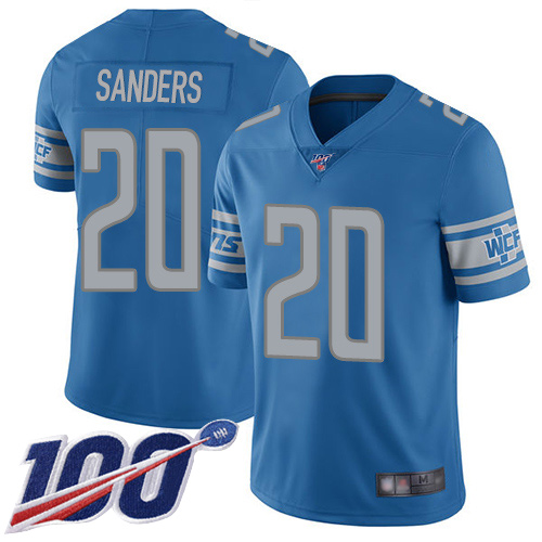 Lions #20 Barry Sanders Blue Team Color Men's Stitched Football 100th Season Vapor Limited Jersey
