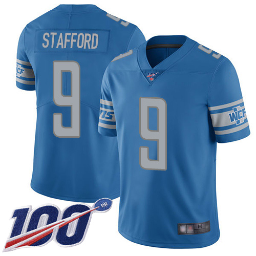 Lions #9 Matthew Stafford Blue Team Color Men's Stitched Football 100th Season Vapor Limited Jersey