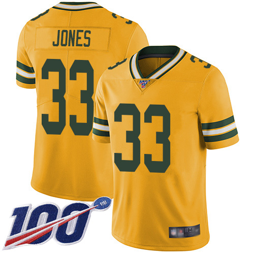 Packers #33 Aaron Jones Yellow Men's Stitched Football Limited Rush 100th Season Jersey