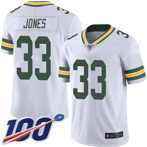 Packers #33 Aaron Jones White Men's Stitched Football 100th Season Vapor Limited Jersey