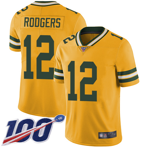Packers #12 Aaron Rodgers Yellow Men's Stitched Football Limited Rush 100th Season Jersey