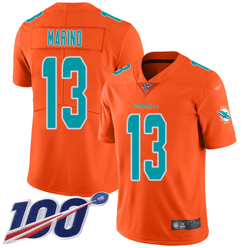 Dolphins #13 Dan Marino Orange Men's Stitched Football Limited Inverted Legend 100th Season Jersey