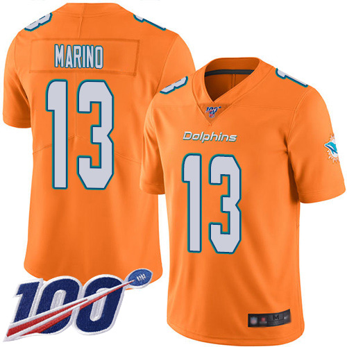 Dolphins #13 Dan Marino Orange Men's Stitched Football Limited Rush 100th Season Jersey